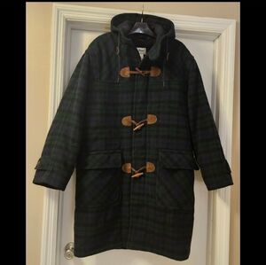 LL Bean Wool Duffle Coat Toggle Hooded Vintage Chore Navy Plaid USA Mens Tall L